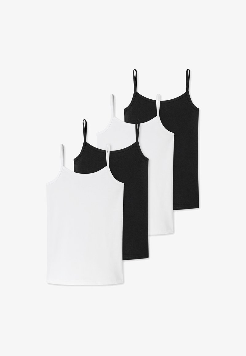 Quattro canottiere in cotone nero e bianco. Ognuna ha spalline sottili regolabili, un colletto rotondo e una texture liscia.
