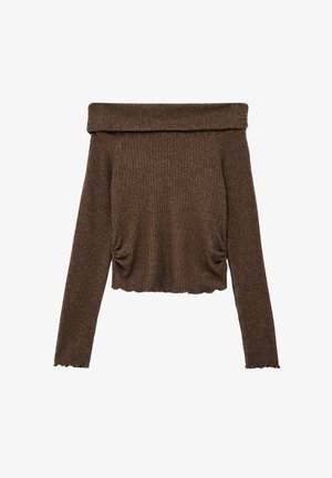 Top marrone a coste, con spalle scoperte e maniche lunghe, caratterizzato da dettagli arricciati ai lati e un orlo a scallop.