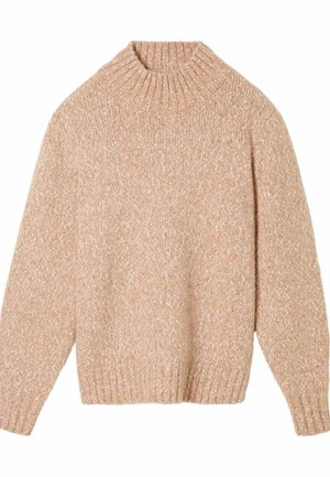 Pletený svetr v růžovo-béžové barvě s vysokým žebrovaným límcem. Má dlouhé rukávy a volný střih s texturovaným, skvrnitým vzorem.