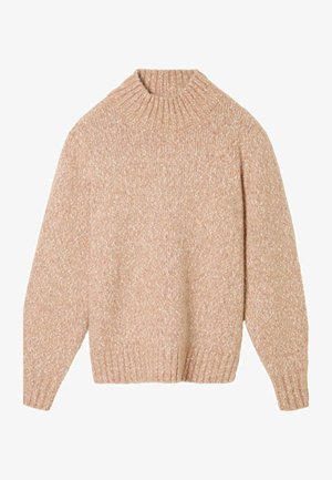 Pletený svetr v růžovo-béžové barvě s vysokým žebrovaným límcem. Má dlouhé rukávy a volný střih s texturovaným, skvrnitým vzorem.