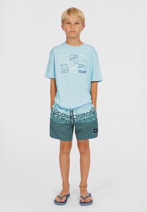 Hellblaues T-Shirt mit einem grafischen Design, kombiniert mit dunkelgrünen Badehosen mit einem auffälligen Logo-Print. Legere Flip-Flops runden den Look ab.