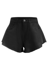 Mustat farkkushortsit, joissa on korkea vyötärö, etutaskut ja repaleinen helma. Valmistettu kestävästä puuvillamateriaalista.