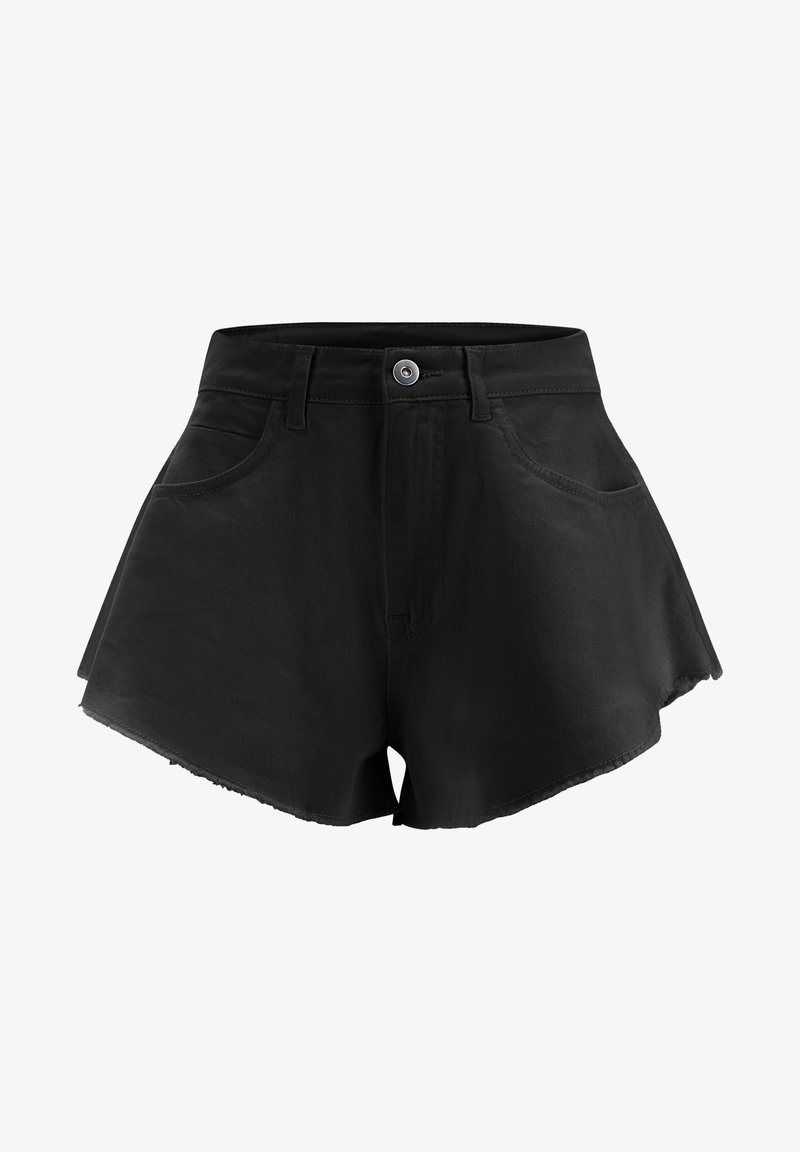 Shorts en denim noir à taille haute, avec des poches avant et un ourlet effiloché. Fabriqués en coton résistant.