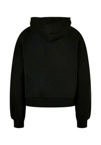 Sudadera corta negra con bolsillo canguro frontal, puños y dobladillo acanalados. Textura suave y capucha ajustable con cordón. Diseño liso.