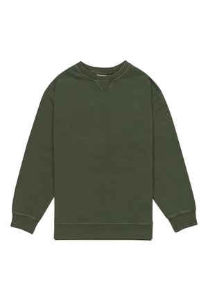 Felpa in cotone verde con collo a giro, polsini e orlo a costine, caratterizzata da un sottile ricamo del logo sul petto. Texture liscia.