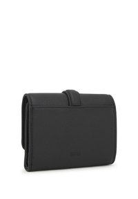 Portefeuille en cuir noir à finition texturée, doté d'un design pliable et d'un logo discret. Compact et fonctionnel avec des lignes épurées.