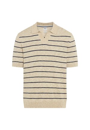 Beige kortærmet strikket polo med navy horisontale striber og V-formet hakk ved kraven, mærket Brax.