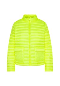 Neon yellow padded jacket with a high collar, horizontal stitching, front zip closure, and two flap pockets on the lower front.