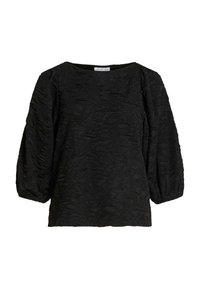 Top nero texturizzato con scollatura ampia e maniche a sbuffo. Presenta un motivo ondulato e un tessuto leggero, ideale per un abbigliamento casual.