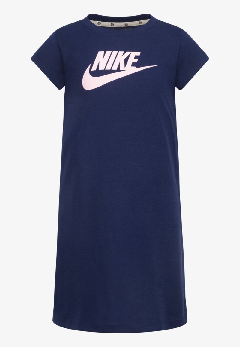 Vestido de T-shirt de algodão azul marinho com mangas curtas, apresentando um grande logótipo rosa da Nike na frente e um decote redondo.