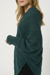 Poncho lavorato a maglia verde scuro con motivi a zigzag e dettagli in pizzo. Presenta maniche larghe e una vestibilità comoda. Texture morbida.