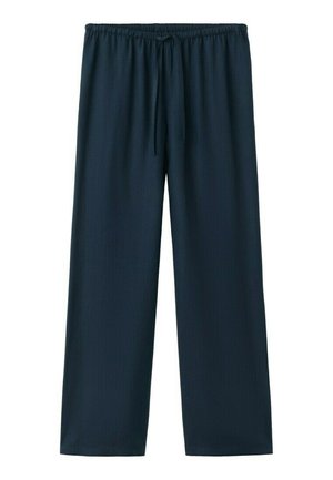 Pantalones azul marino de corte suelto con cintura elástica y cordón ajustable, piernas rectas, confeccionados con tela suave.