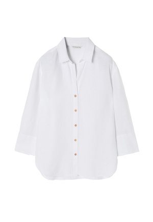 Cămașă albă dintr-un material ușor, cu un guler, nasturi pe față și mâneci trei sferturi cu hem curbat.