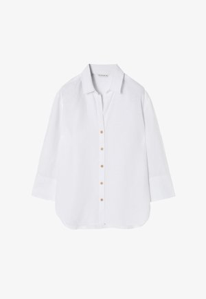 Cămașă albă dintr-un material ușor, cu un guler, nasturi pe față și mâneci trei sferturi cu hem curbat.