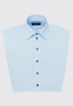 Light blue short-sleeve shirt with a pointed collar, featuring a row of dark buttons down the front and a smooth fabric texture.