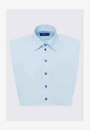 Light blue short-sleeve shirt with a pointed collar, featuring a row of dark buttons down the front and a smooth fabric texture.