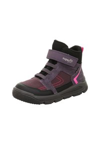 Kinderschuhe in Lila und Schwarz mit pinken Akzenten, Klettverschluss und strukturiertem Gummisohle.