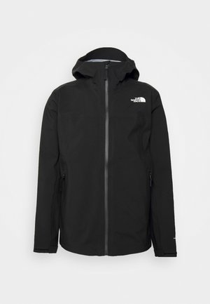 Czarna wodoodporna kurtka z kapturem, przednim zamkiem błyskawicznym, zamykanymi kieszeniami po bokach i białym logo "The North Face" na piersi.