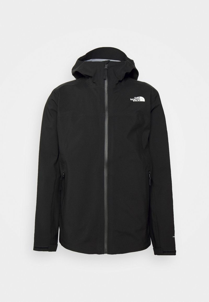 Veste noire imperméable à capuche avec fermeture éclair à l'avant, poches latérales zippées et logo blanc "The North Face" sur la poitrine.