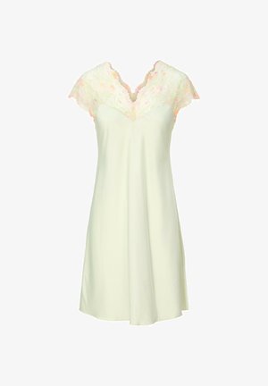 Jasnożółta satynowa koszula nocna z falowanymi kwiatowymi koronkowymi rękawkami i dekoltem w kształcie litery V.