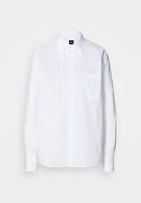 White button-up shirt made of cotton with a classic collar, long sleeves, a chest pocket, and a smooth, crisp texture.