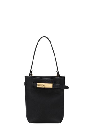 Black textured leather handbag with a single top handle and a horizontal strap featuring a gold rectangular clasp on the front.