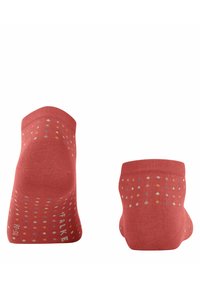 Koralle Knöchelsocken mit strukturierter Oberfläche, die mehrfarbige gepunktete Muster aufweisen sowie einen verstärkten Bund und eine verstärkte Ferse für zusätzliche Haltbarkeit.