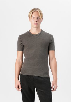 Short-sleeve, ribbed t-shirt in dark gray cotton blend, featuring a crew neckline. The fabric has a smooth texture and close-fitting shape.