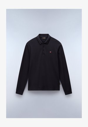 Polo a maniche lunghe di colore nero realizzato in tessuto testurizzato, con una patta con tre bottoni e un piccolo logo ricamato sul petto.