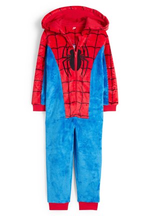 Rød og blå blød plyss fleeceheldragt med hætte, der har et edderkopemblem og edderkoppespindsmønster. Lynlåslukning og ribkantede ærmegab.