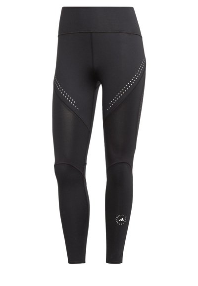 Zwarte sport leggings met mesh panelen en stipaccenten, met een hoge tailleband en een logo op het onderbeen. Glad, rekbaar materiaal.