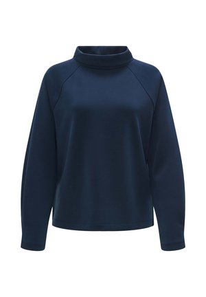 Felpa blu navy con colletto alto, maniche lunghe a raglan e texture liscia. Presenta una vestibilità comoda e un design minimalista.