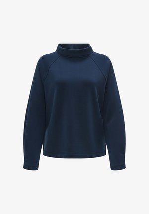 Sweat-shirt bleu marine avec un col montant, des manches raglan longues et une texture lisse. Présente une coupe décontractée et un design minimaliste.