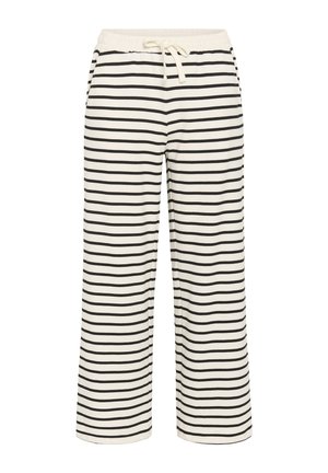 Striped trousers in cream and black, made of soft fabric. Features an elastic waistband with drawstring and wide, straight legs.
