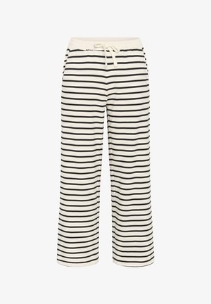 Pasiaste spodnie w kremowo-czarnych kolorach, wykonane z miękkiego materiału. Posiadają elastyczny pas z troczkiem i szerokie, proste nogawki.