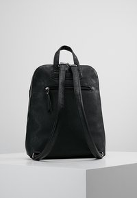 Mochila de cuero negro con correas ajustables duales y un bolsillo trasero con cremallera, apoyada en un pedestal blanco frente a un fondo liso.