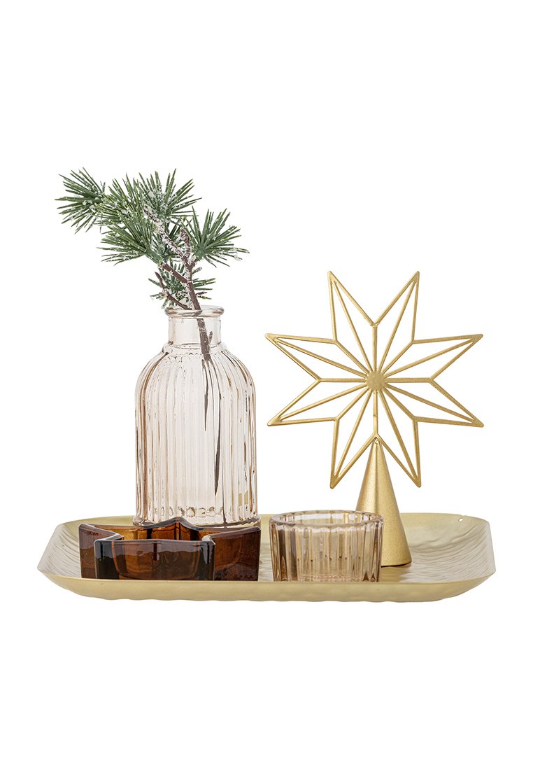 Goldener Tablett mit einer transparenten gerippten Glasflasche, einem goldenen Stern, einem transparenten Becher und einem braunen geometrischen Stück, dekoriert mit Grünpflanzen.