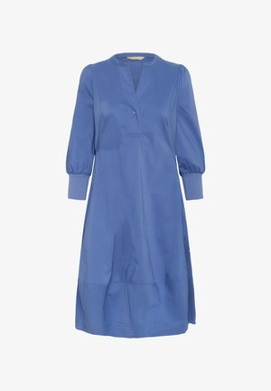 Sinine, pikade varrukatega kleit siledast kangast. Omab poolnööpide enda ja elastseid mansette ning laienevat siluetti koos volditud äärega.