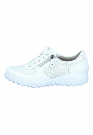White casual sneaker with textured fabric panels, lace-up front, side zipper, and thick treaded sole.