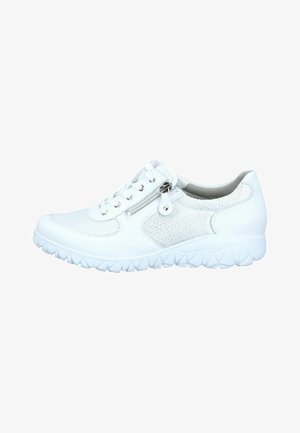 White casual sneaker with textured fabric panels, lace-up front, side zipper, and thick treaded sole.