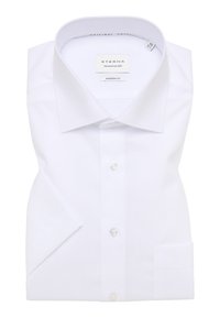 Witte dress shirt gemaakt van gladde stof, met een moderne pasvorm, puntige kraag en knoopsluiting, voorzien van een enkele borstzak en een afgeronde zoom.