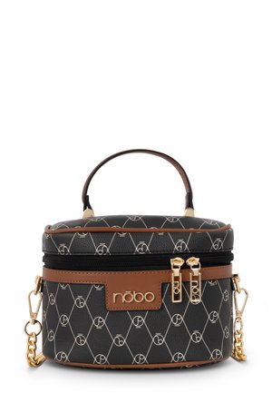 Round black cosmetic bag with a white geometric pattern, brown accents, dual zippers, and a short handle, featuring a detachable chain.