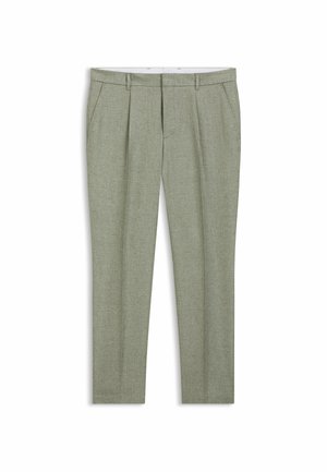 Vaaleanvihreät miesten juhlahousut, joissa on etuvoldit, sivutaskut, vyölenkit ja kapea leikkaus.