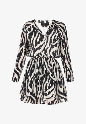 Schwarzes und beiges gemustertes Kleid mit langen Ärmeln, Knopfverschluss vorne und Kordelzug in der Taille, mit einem fließenden Rock und metallischen Akzenten.