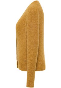 Senapsgul cardigan gjord av mjukt, texturerat material. Har långa ärmar, V-ringning och ribbade manschetter och fåll.