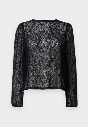 Blouse en dentelle noire à manches longues avec un motif floral, un col rond et une coupe légèrement ample avec des poignets élastiques.