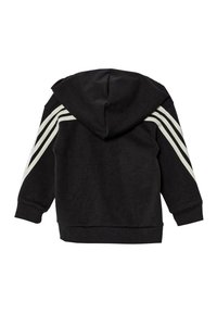 Felpa nera con cappuccio e tre strisce bianche lungo le spalle, con polsini e orlo a coste per una vestibilità aderente. Texture liscia.