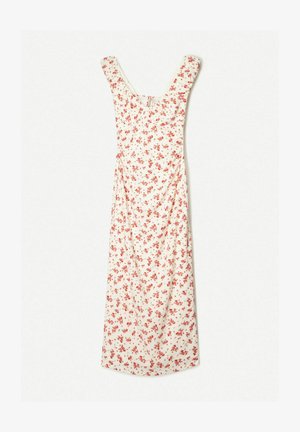 Floral midi kjole i cremefarvet med røde blomster, med en rund halsudskæring og korte ærmer. Blødt stof med en svævende A-form.
