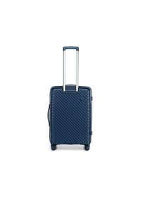 Navy blue hard-shell suitcase with diagonal grooves, retractable silver handle, and four wheels for mobility. Side handle for carrying.