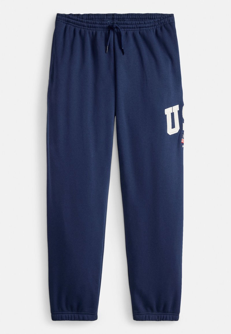 Pantalon de survêtement bleu marine en mélange de coton, avec une taille élastique à cordon de serrage, des poches latérales et un grand logo blanc "US".